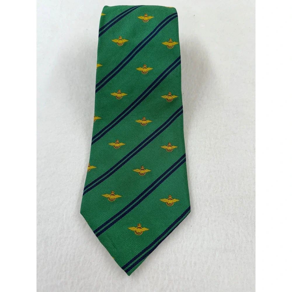 Polo Ralph Lauren Silk Tie Green Navy Blue Striped Gold Crest Embroidered Mens
